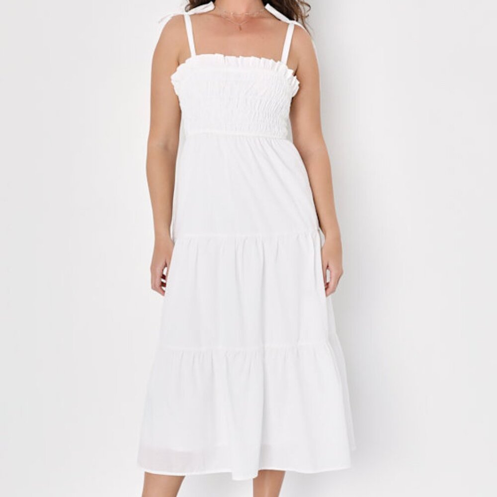 Lulus Sunshine Abound White Tie-strap Smocked Tiered Midi Dress - Size XL